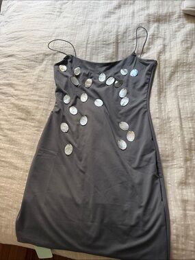 Spaghetti Strap Gray Dress with Iridescent Disc Embellishments